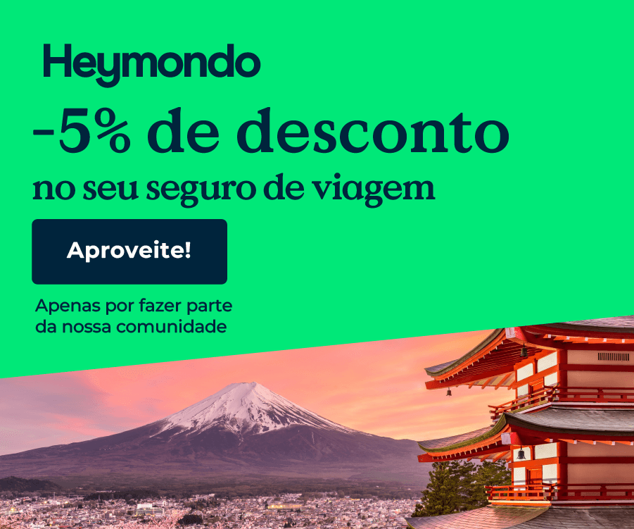 Widget Seguro de Viagem Heymondo com Desconto de 5% e Imagem do Monte Fuji, Japão