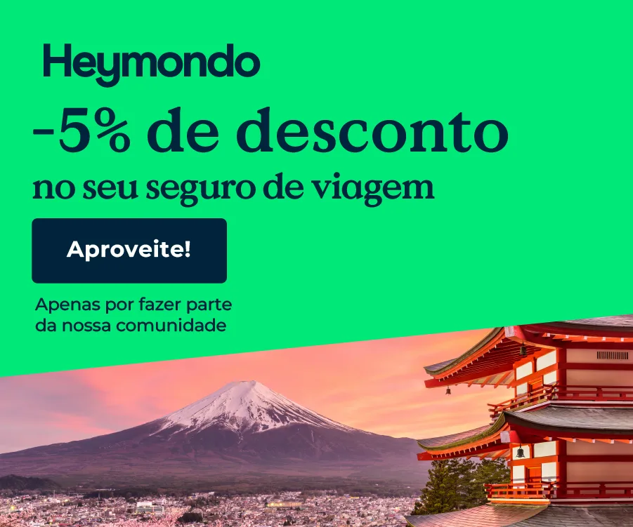 Widget Seguro de Viagem Heymondo com Desconto de 5% e Imagem do Monte Fuji, Japão