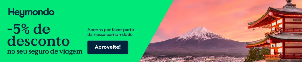 Banner Seguro de Viagem Heymondo com Desconto de 5% e Imagem do Monte Fuji, Japão