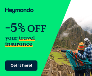 Heymondo Travel Insurance widget featuring Machu Picchu in Peru with a 5% discount offer