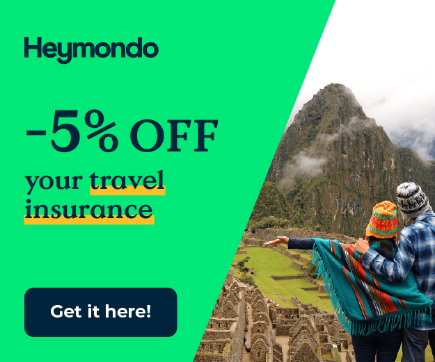 Heymondo Travel Insurance widget featuring Machu Picchu in Peru with a 5% discount offer