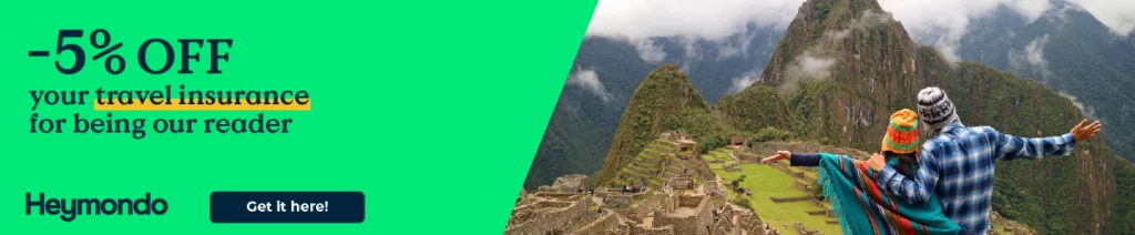 Heymondo Travel Insurance banner featuring Machu Picchu in Peru with a 5% discount offer