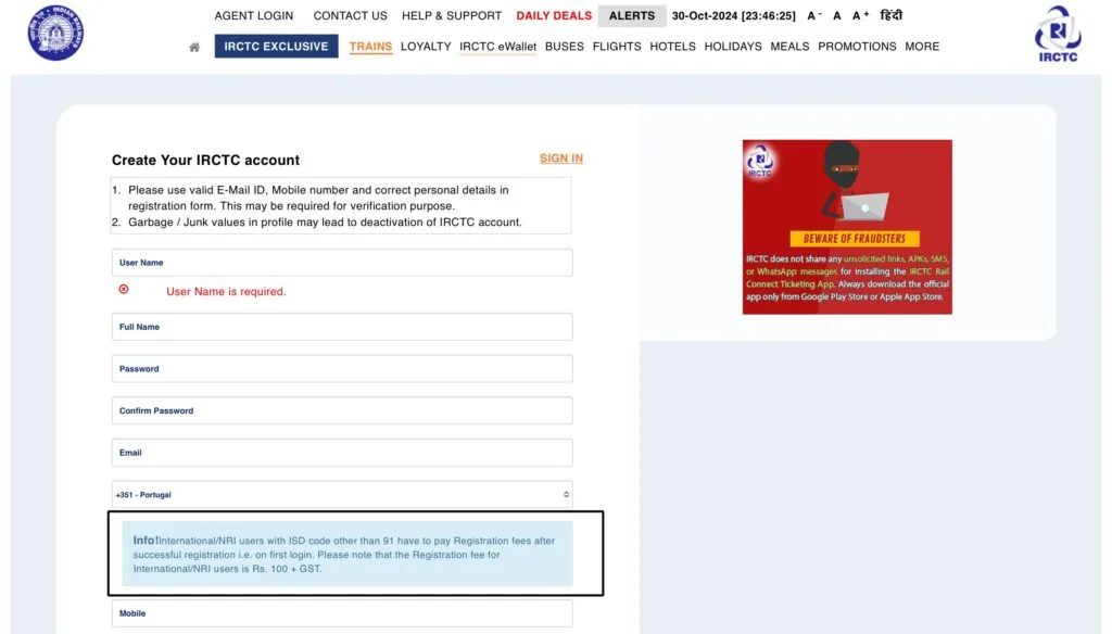 IRCTC account creation to buy train tickets in India