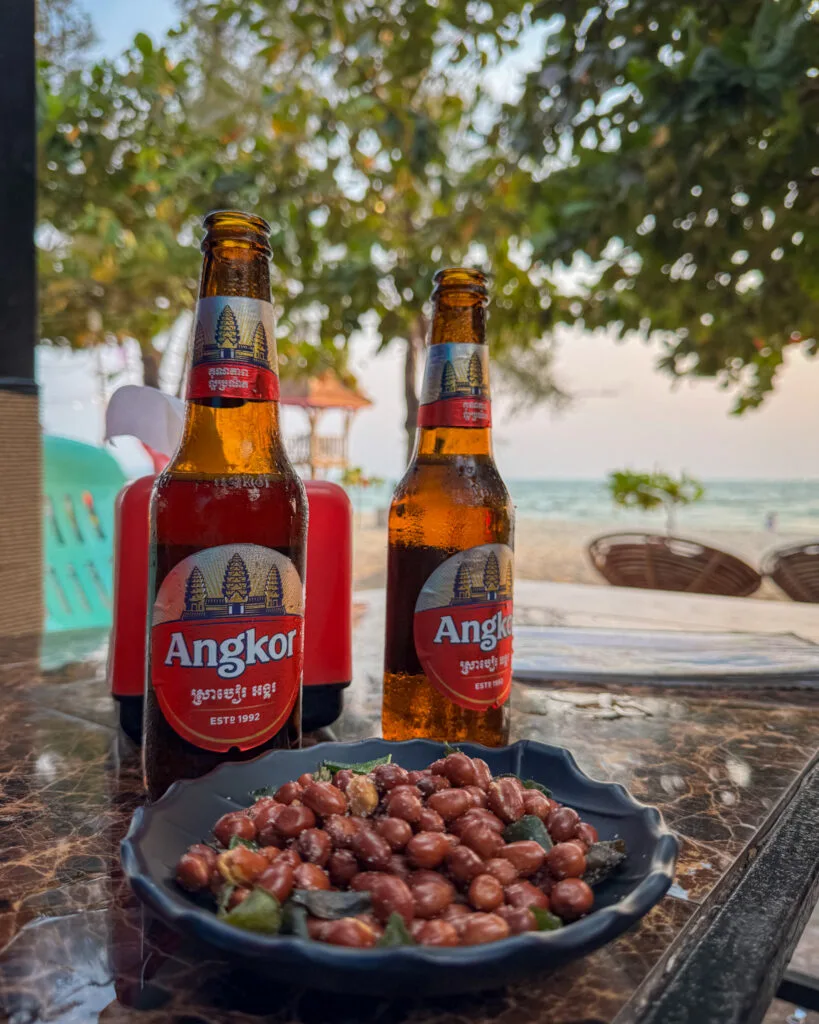 Angkor beer, peanuts at a café in Sihanoukville